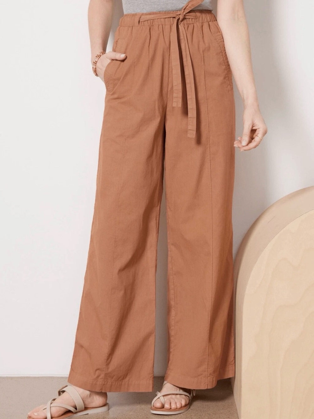 Monrow Women’s Stretch Poplin Pocket Wide-Leg Pant Sahara Size Small